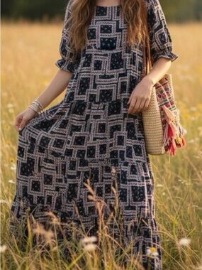 NWT Natural Life Boho Patchwork Tiered Maxi Dress Sz. XS